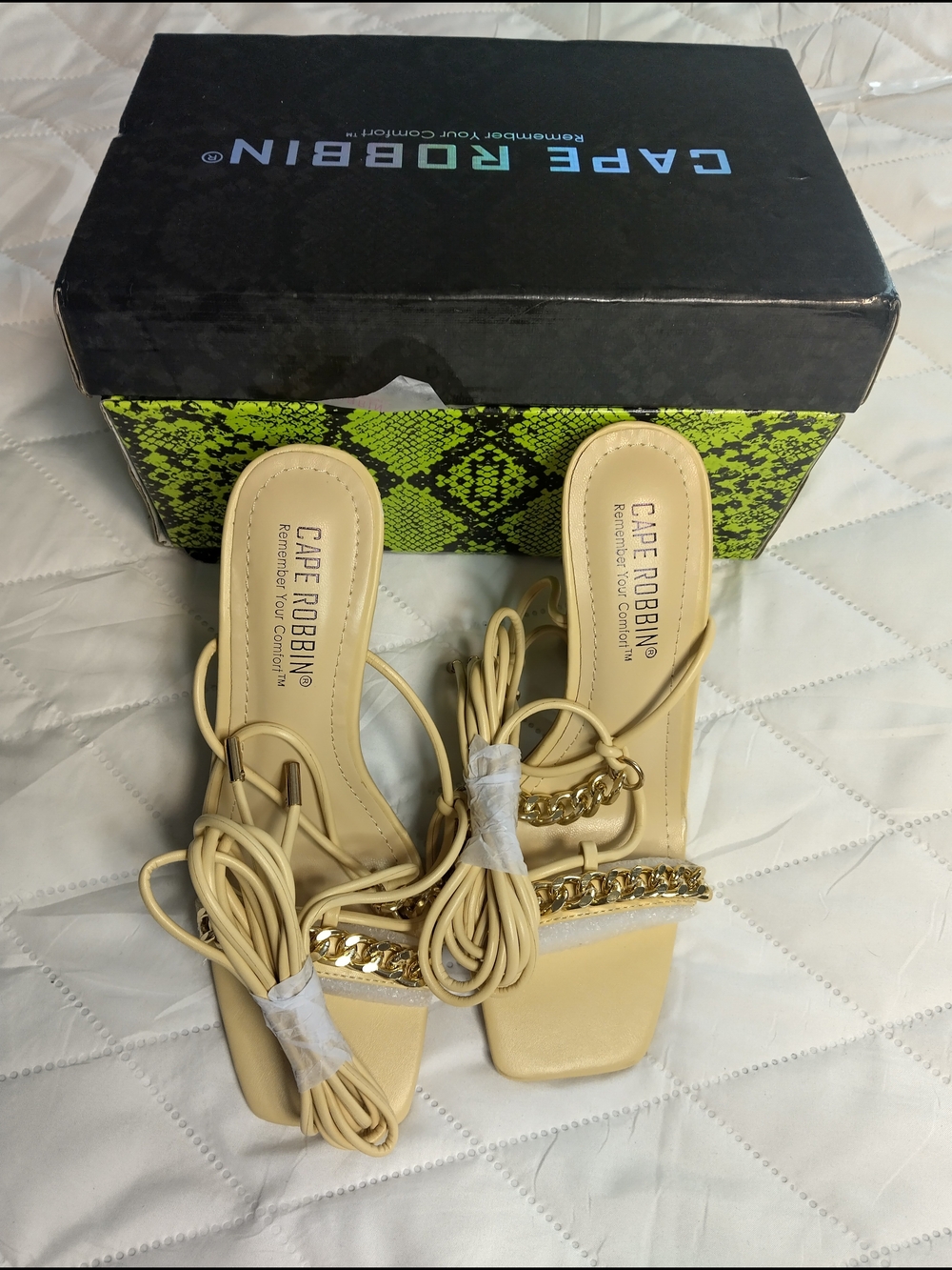 Cape Robbin Cream Square-Toe Lace-Up Mules with Gold Chain Detail